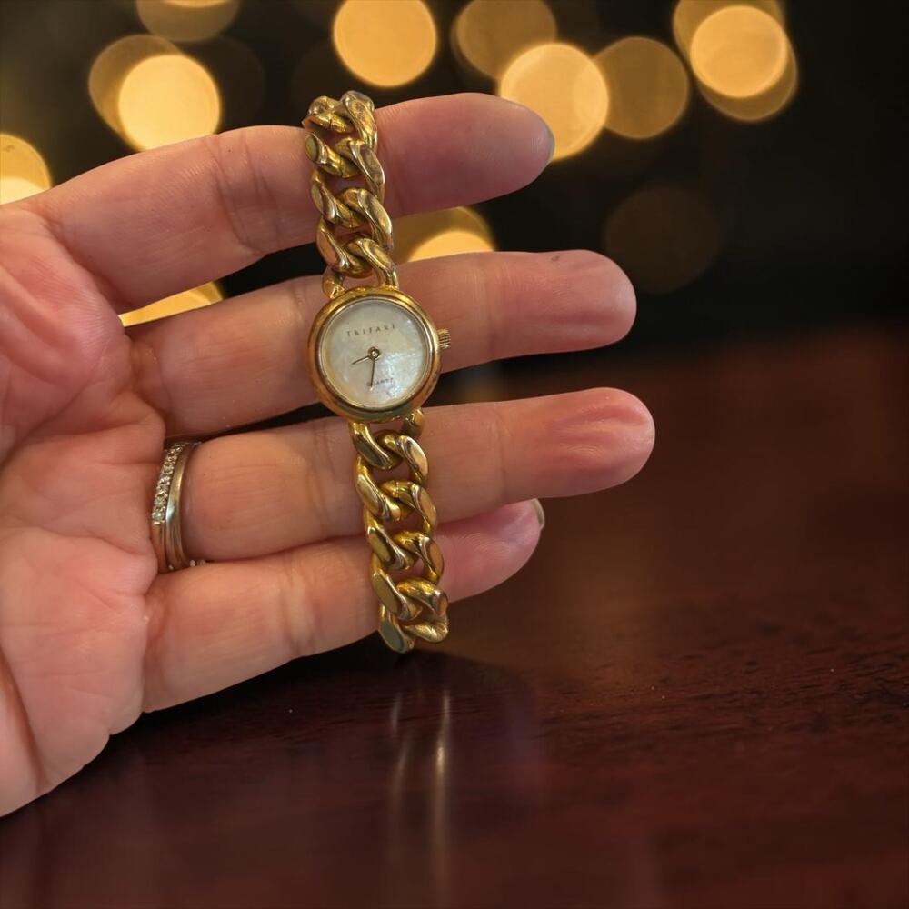 Trifari Gold Chain Bracelet Watch Mother of Pearl Dial 90s Chunky Jewelry Quartz